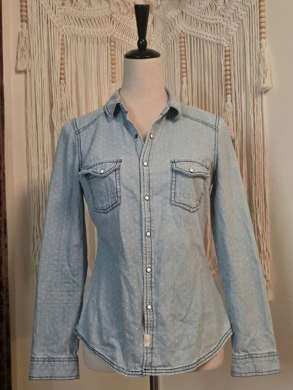 Light Blue Dot-Print Denim Button-Down Shirt
